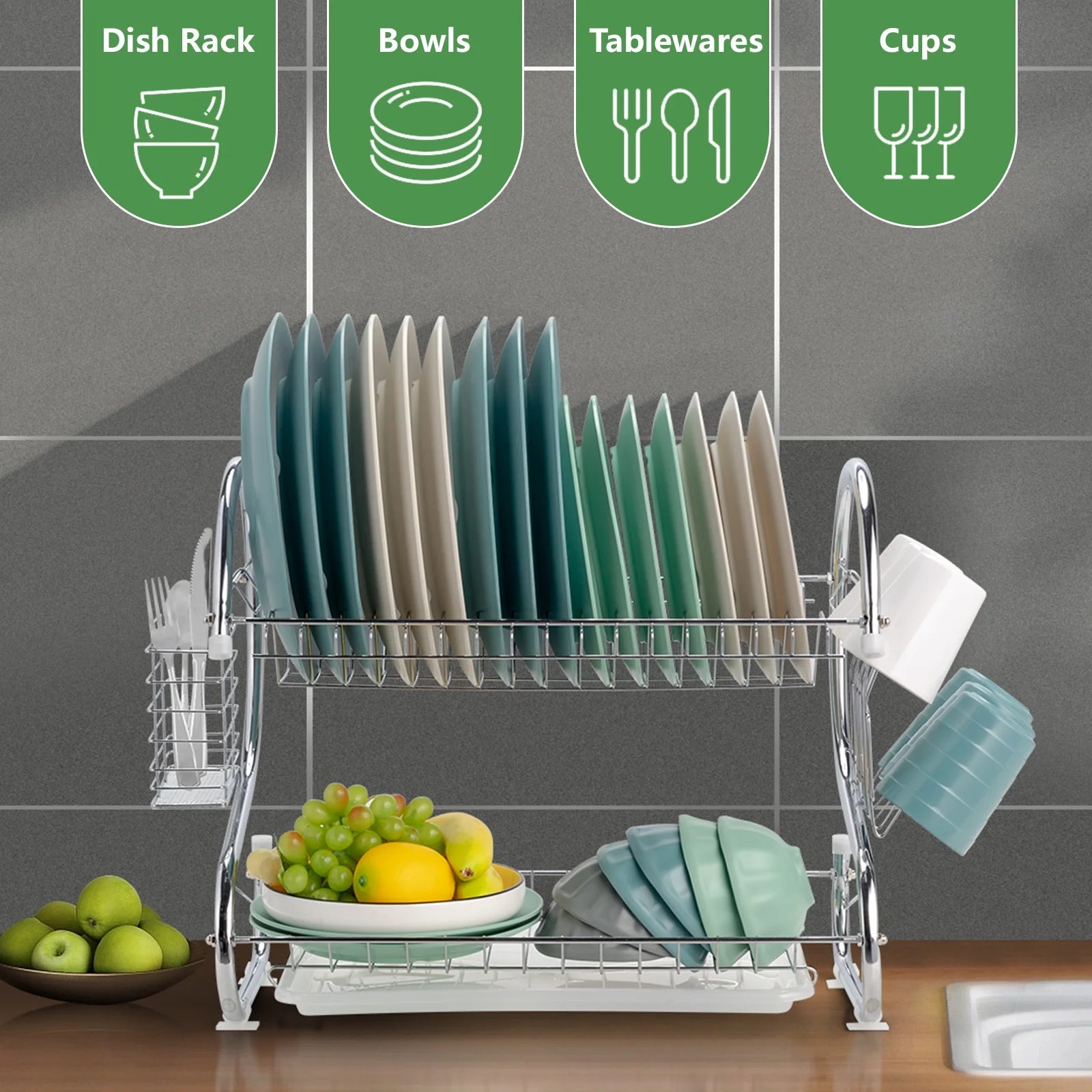 2-Tier Kitchen Dish Cup Drying Rack Bowl Rack Kitchen Sink Dish Drainer Set