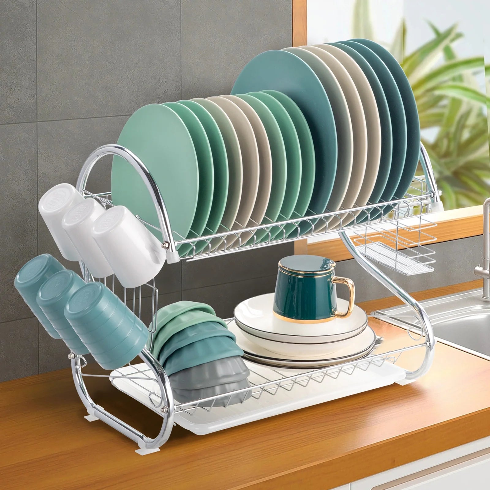 2-Tier Kitchen Dish Cup Drying Rack Bowl Rack Kitchen Sink Dish Drainer Set