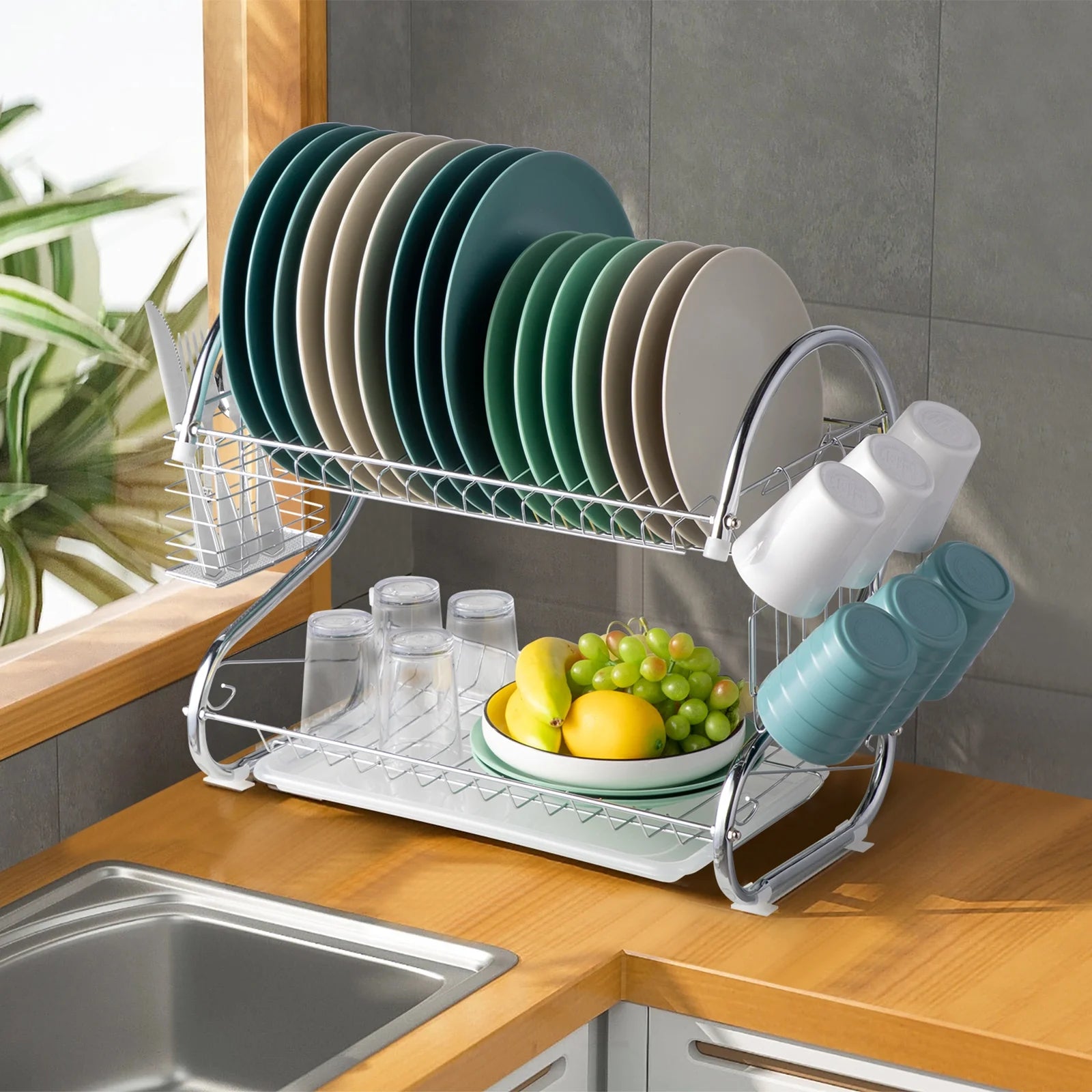 2-Tier Kitchen Dish Cup Drying Rack Bowl Rack Kitchen Sink Dish Drainer Set