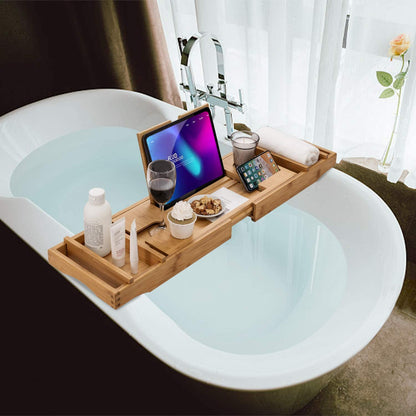 Bamboo Bathtub Caddy Tray with Extending Sides, Cellphone Tray and Wineglass Holder，Free Soap Holder