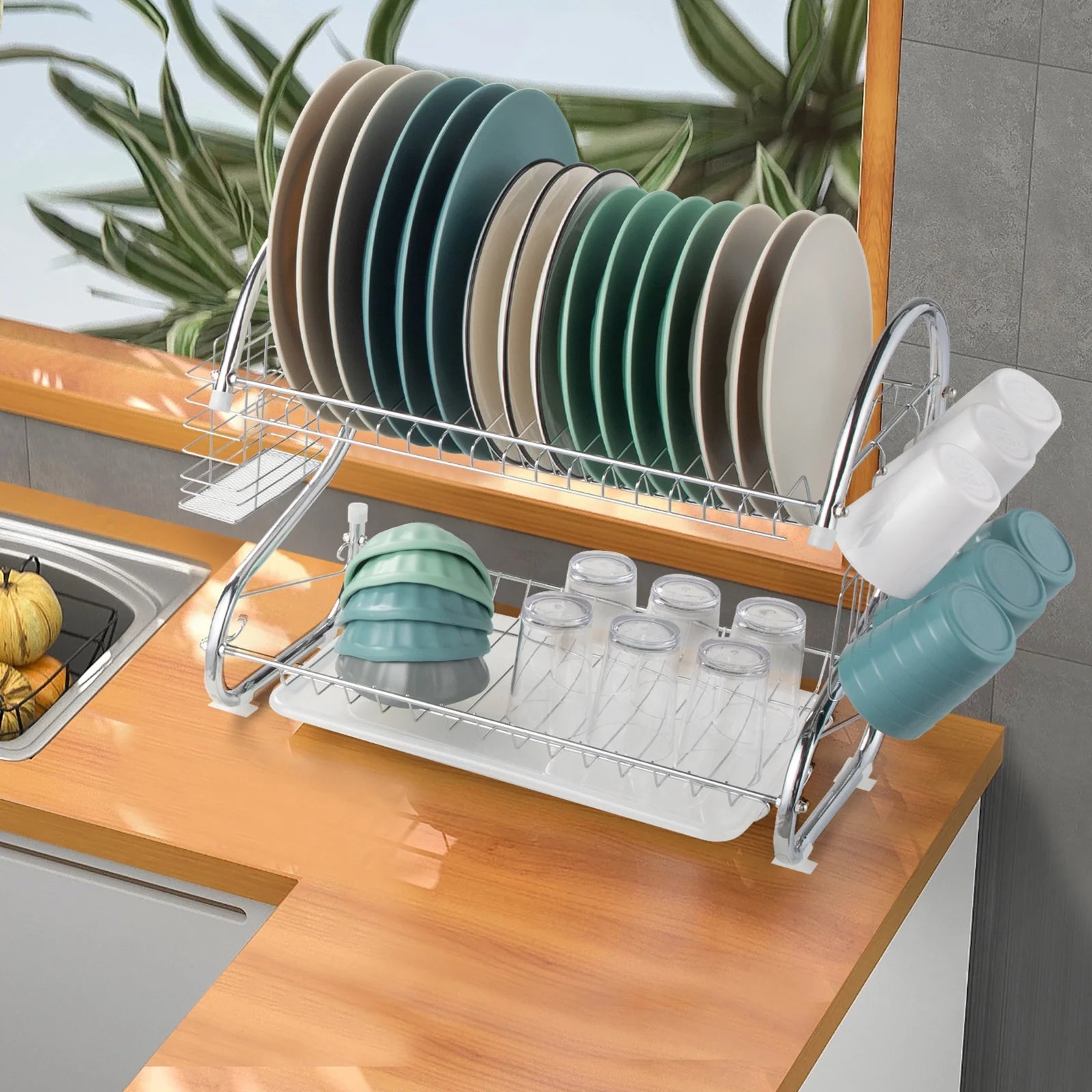 2-Tier Kitchen Dish Cup Drying Rack Bowl Rack Kitchen Sink Dish Drainer Set