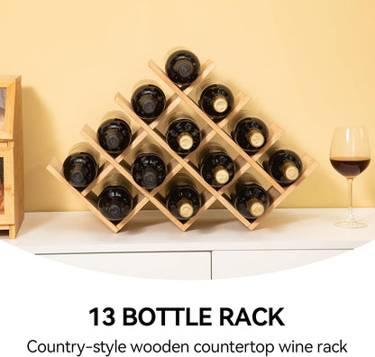 Wooden 13-Bottle Wine Rack - Nature Wood 4-Tier Wine Display Rack/Free Standing and Countertop Wine Storage Shelf - Bottle Holder/Cabinet Glass Rack XHJJ4-NA