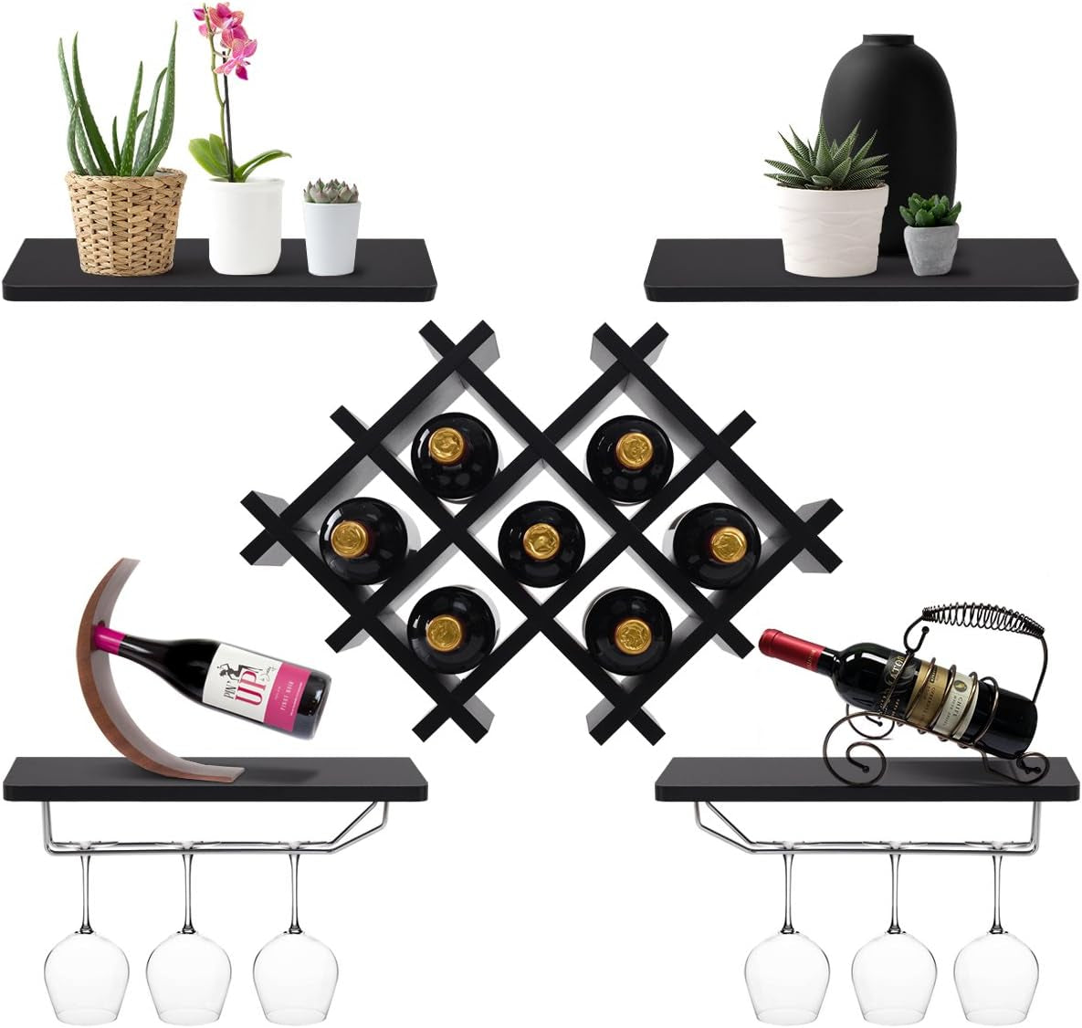 Wine Rack Wall Mounted Set of 5, Wood Wall Wine Shelf Racks with Glass Holder and Stemware Hanger, Wooden Hanging Wine Rack, Wine Storage Display Shelf for Home Bar Kitchen Dining Room, Black